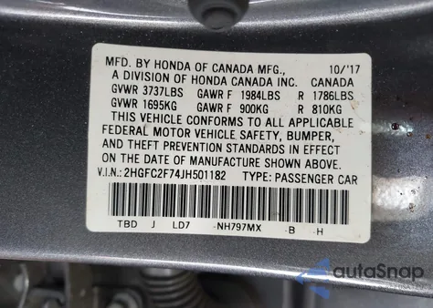 2018 Honda Civic Ex из США, поврежденный, VIN 2HGFC2F74JH501182